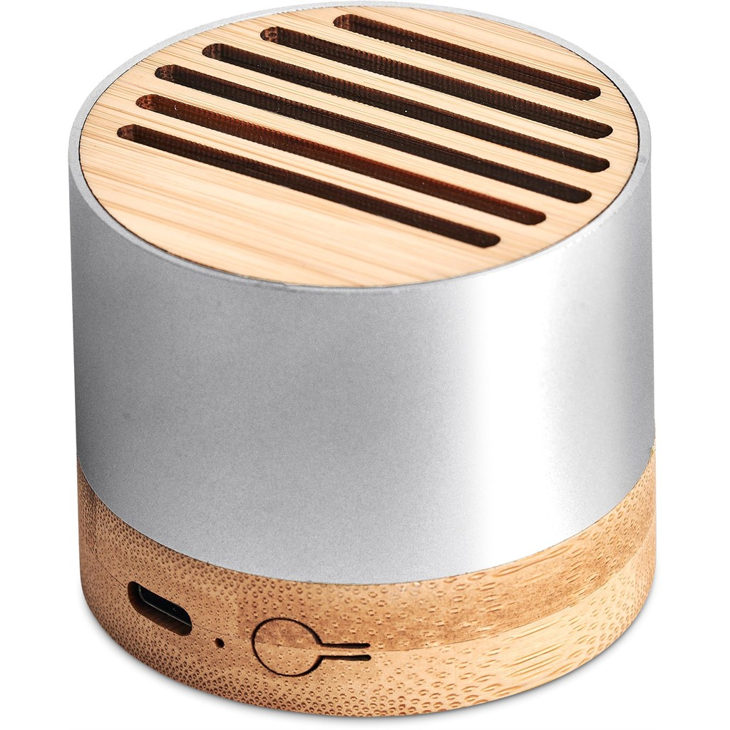 MT-OK-451-B Okiyo Utau Bamboo & Recycled Aluminium Bluetooth Speaker Includes 1-Position Laser Engraving OR Includes 1-Colour, 1-Position Pad Print